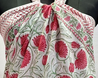 White Pink Indian Block Print Sarong,Sarong Floral,Sarong Pareo for Women,Beach Wrap Dress,Bikini Cover Up,Cotton Scarf,Gift for Her