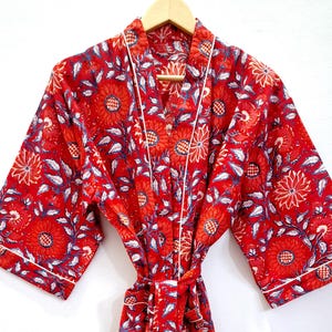 Red Blue Kimono Robe for Women,Block Printed,Dressing Gown,Floral Print Kimono Bridesmaid Robe,Cover Up,Gift for Her,Vegetable Dyed