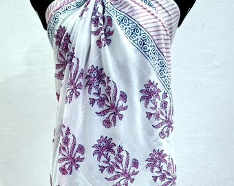 White Purple Coton Sarong,Floral Print Sarong for Women,Cotton Scarf,Boho Sarong,Beach Wrap Dress,Bikini Cover Up,Gift for Her,Sarong Dress