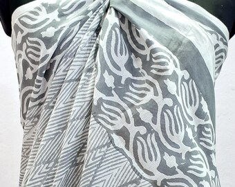 White Grey Floral Cheveon Print Sarong,Block Print Sarong,Cover Up,Sarong Pareo for Women,Swimwear,Wrap Dress,Gift for Her,Scarf,Coton Voile