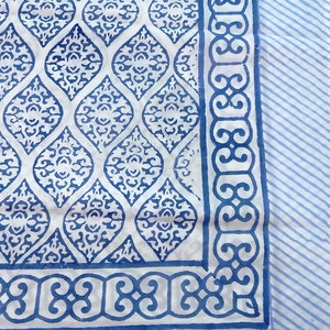 May include: A white cotton fabric with a blue and white geometric pattern. The fabric has a border with a repeating design.