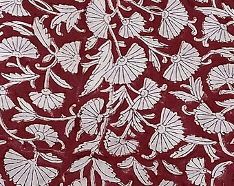 Indischer Block Print Viskose Stoff: Rot & Weiß Floral, Pflanzengefärbt