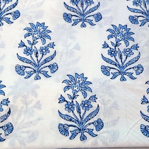 White Blue Indian Block Print Fabric,Floral Print Fabric,By the Yard,Dress Fabric,Curtain Fabric,Quilting Sewing Fabric,Vegetable Dyed