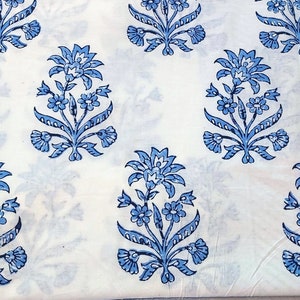 White Blue Indian Block Print By the Yard Fabric,Dressmaking Fabric,Upholstery Fabric,Quilting Fabric,Fabric for Sewing,Floral Print