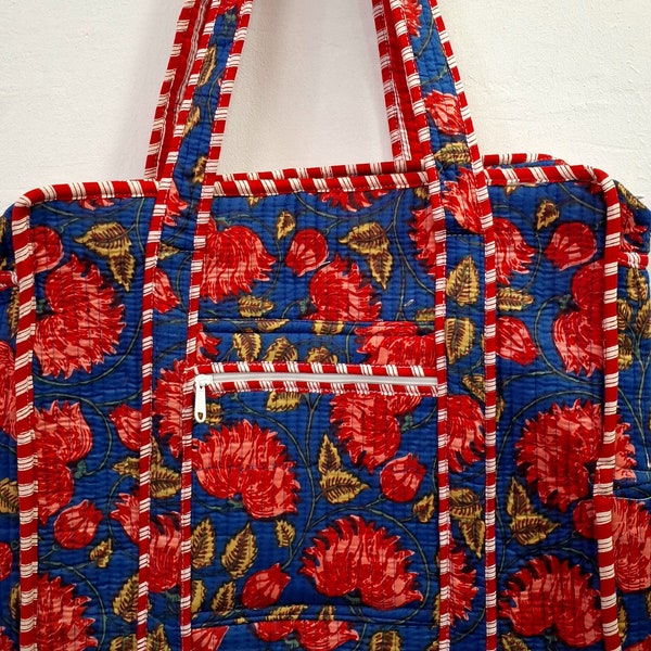 Blue Red Quilted Tote Bag,Shopping Bag,Shouder Bag,Large Travel Bag,Market Bag,Floral Print,Hand Block Printed,Beach Bag,With zip