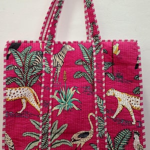 Pink Jungle Print Quilted Tote Bag,Shopping Bag,Shouder Bag,Large Travel Bag,Market Bag,Block Printed,Beach Bag,With zip,Animal Print