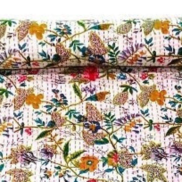 King Size White base Multi Color Floral print Indian kantha quilt , hand stich quilted bedspread. bedcover. throw,Jaipur quilt  #SWGBDS 83