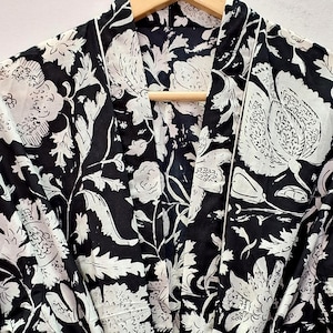 Zwart-witte dameskimonogewaad, blokprint, kamerjas, bloemenprint kimono bruidsmeisjesgewaad, bedekken, zwangerschapsjurk, cadeau voor haar