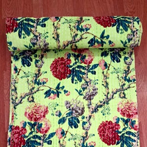 Green Kantha Quilt Floral Print,Handmade Quilt King Size,Quilted Bedspread,Kantha Blanket,Throw,Indian Kantha Quilt