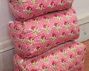 Trousse de maquillage en coton rose matelassé à imprimé floral, trousse de toilette, trousse à cosmétiques, trousse de voyage à imprimé floral, lot de 3 pièces