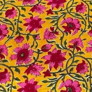 Yellow Pink Cotton Print Fabric,Floral Print Fabric,By the Yard Fabric,Dress Fabric,Indian Fabric,Curtain Fabric.Vegetable Dyed