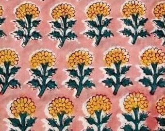 Pink Yellow Green Indian Block Print Fabric,Floral Print,Vegetable Dyed,By the Yard,Dress Fabric,Curtain Fabric,Quilting Sewing Fabric