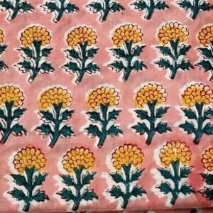 Pink Yellow Green Indian Block Print Fabric,Floral Print,Vegetable Dyed,By the Yard,Dress Fabric,Curtain Fabric,Quilting Sewing Fabric
