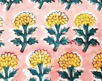 Pink Green Yellow Indian Block Print Fabric,Floral Print Fabric,By the Yard,Curtain Fabric,Dress Fabric,Upholstery Fabric,Sewing Fabric