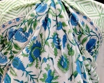 White Blue Floral Print Sarong,Indian Block Print,Sarong Pareo for Women,Beach Wrap,Cotton Voile,Bikini Cover Up,Gift for Her,Scarf
