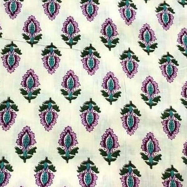 Cream Green Indian Block Print Fabric,Floral Print Fabric,By the Yard,Dress Fabric,Curtain Fabric,Sewing Fabric Quilting Fabric