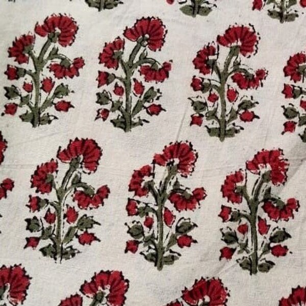 Beige Red Indian Block Print Fabric,Floral Print Fabric,By the Yard Fabric,Dress Fabric,Curtain Fabric,Sewing Fabric,Quilting Fabric