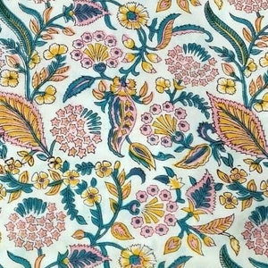 White Blue Yellow  Indian Rayon Block Print Fabric,Floral Print Fabric,By the Yard Fabric,Curtain Fabric,Upholstery Fabric,Sewing Fabric