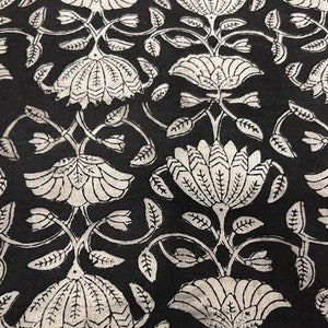 Black Off White Block Print Fabric,Floral Print Fabric,By the Yard,Dress Curtain Fabric,Indian Fabric,Sewing Quilting Fabric,Lotus Print