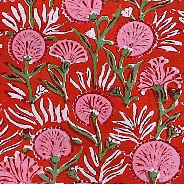 Red Pink Indian Block Print Fabric,Floral Print Fabric,By the yard Fabric,Dress Fabric,Quilting Fabric,Sewing Fabric,Upholstery Fabric