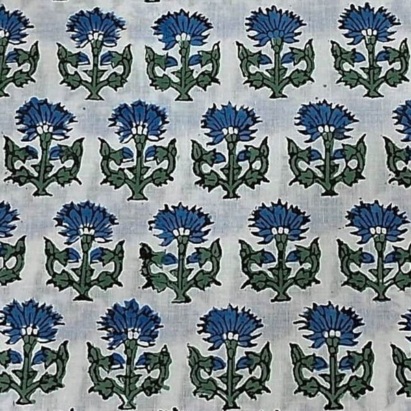 White Blue Indian Block Print Fabric,Floral Print Fabric,By the Yard,Dress Fabric,Curtain Fabric,Sewing Quilting Fabric,Vegetable Dyed