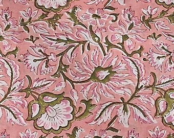 Pink Green Block Print Fabric,Floral Print Fabric,By the Yard,Vegetable Dyed,Dress Curtain Fabric,Indian Fabric,Sewing Quilting Fabric