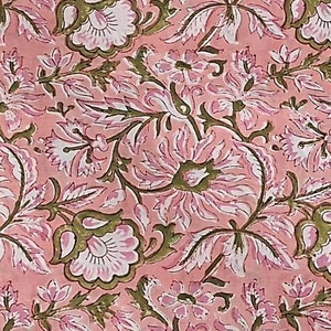 Pink Green Block Print Fabric,Floral Print Fabric,By the Yard,Vegetable Dyed,Dress Curtain Fabric,Indian Fabric,Sewing Quilting Fabric