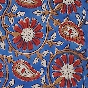 Blue Red Indian Block Print Fabric,Floral Print Fabric,By the Yard,Dress Fabric,Quilting Fabric,Sewing Fabric,Upholstery Fabric,Soft Cotton