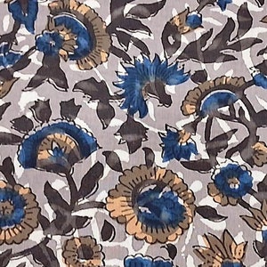 Stof met blokprint, grijsblauwe bloemenprintstof, op maat gesneden, jurkstof, quiltstof, naaistof, bekledingsstof, Indiase stof