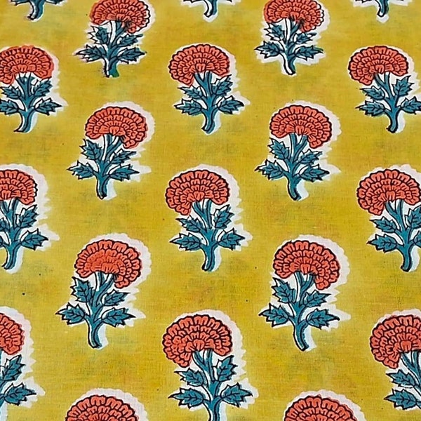 Yellow Orange Indian Block Print Fabric,Floral Print Fabric,By the Yard,Dress Fabric,Curtain Fabric,Sewing Quilting Fabric,Vegetable Dyed