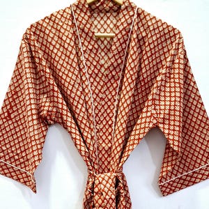 Red Beige Kimono Robe for Women,Block Printed,Dressing Gown,Floral Print Kimono Bridesmaid Robe,Cover Up,Gift for Her,Vegetable Dyed