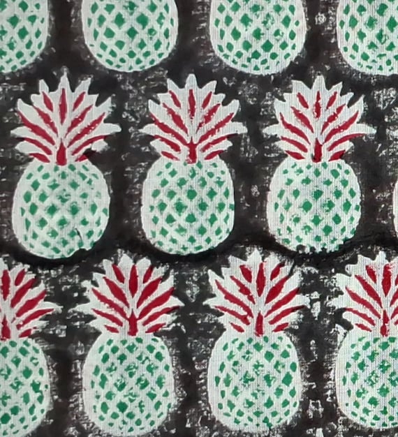 Grey Pineapple Block Print Cotton Fabric for Sewing Dressmaking Quilting Upholstery,Curtain Fabric,Fruit Print Fabric By the Yard