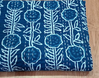 Indigo Blue Kantha Quilt,Cotton Quilt King Size Throw Blanket,Boho Home Decor,Floral Quilt