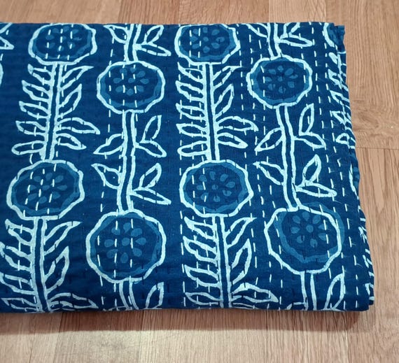 Indigo Blue Kantha Quilt,Cotton Quilt King Size Throw Blanket,Boho Home Decor,Floral Quilt