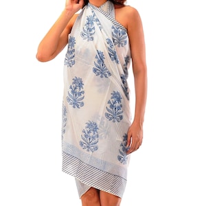 White Blue Block Print Indian Sarong,Floral Print Sarong Pareo for Women,Beach Wrap Dress,Cotton,Bikini Cover Up,Gift for Her,Scarf