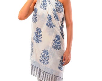 White Blue Block Print Indian Sarong,Floral Print Sarong Pareo for Women,Beach Wrap Dress,Cotton,Bikini Cover Up,Gift for Her,Scarf