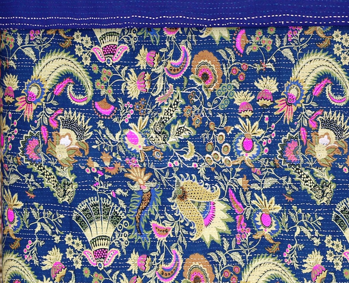 Navy Blue Bedspread King Sizefloral Printindian Kantha Etsy