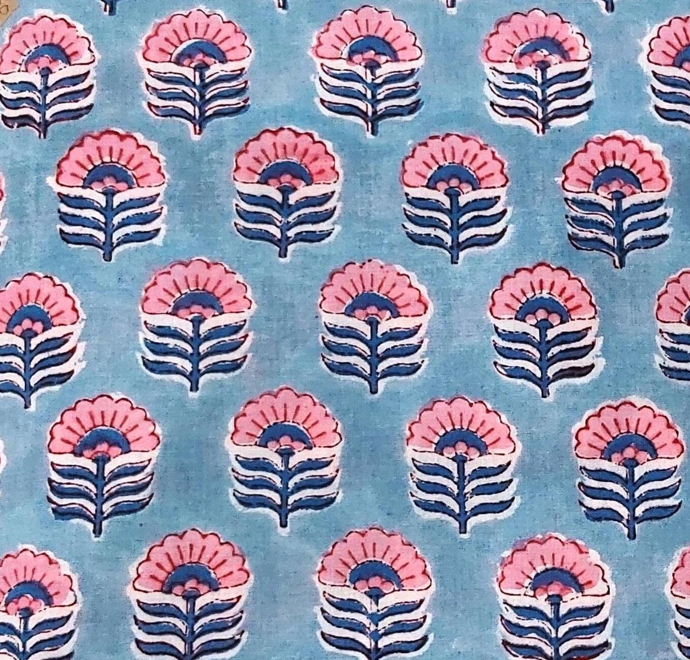 Blue Pink By the Yard Floral Indian Block Print Fabric,Dressmaking Fabric,Fabric for Sewing,Clothings,Curtain Fabric,Upholstery Fabric