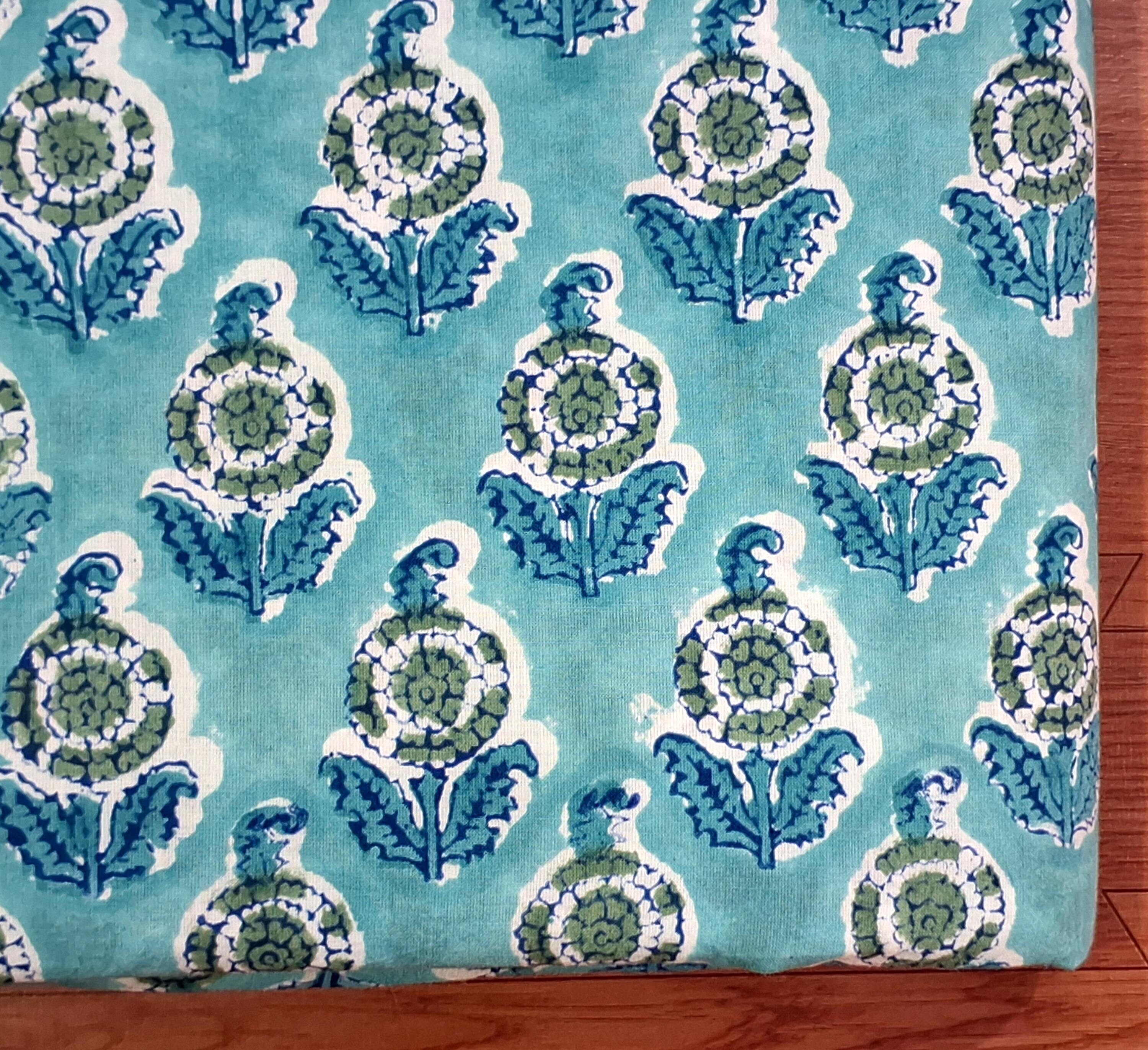 Blue Green Block Print Fabric,By the Yard Floral Indian Fabric,Fabric for Sewing,Upholstery Fabric,Dressmaking Fabric,Upholstery Fabric