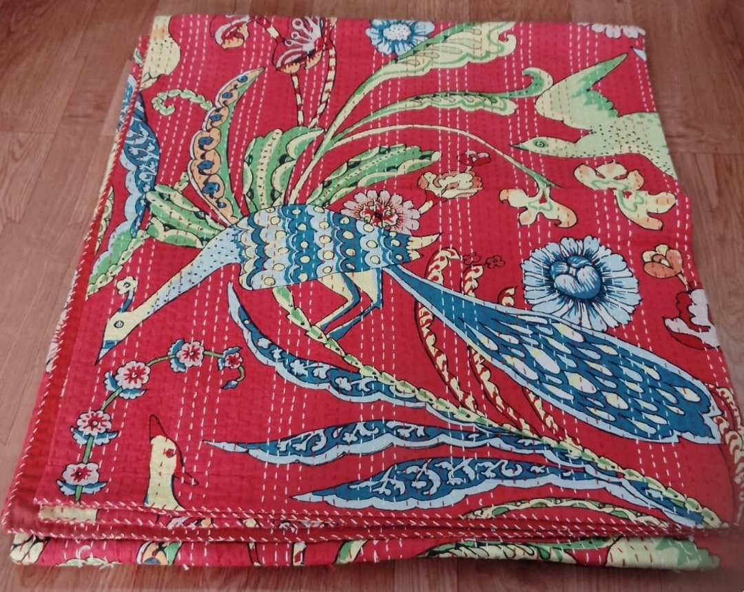 Red Indian Kantha Quilt,bird Floral Print,quilted Bedspread,kantha ...