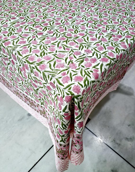 White Pink Green Tablecloth,Indian Block Print Tablecloth,Floral Table Cover,Cotton Sheet,Rectengular Tablecloth,Coton Printed Tablecloth
