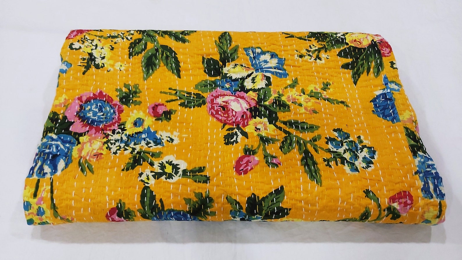 Quilt Yellow Floral Print King Size BedspreadIndian Kantha Etsy