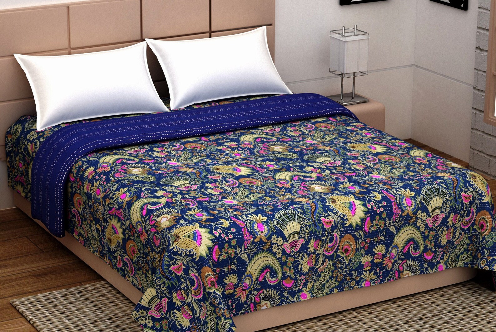 Navy Blue Bedspread King Sizefloral Printindian Kantha Etsy