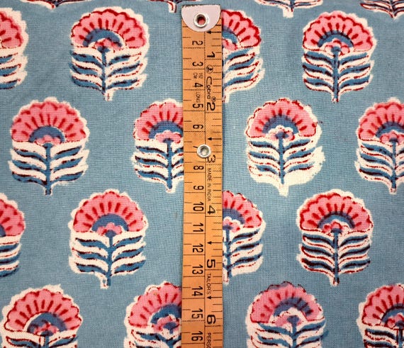 Thick Cotton Fabric,Floral Print Fabric,By the Yard Fabric for Sewing,Upholstery Fabric,Curtain Fabric,Blue Pink Block Print Fabric,58 Inch