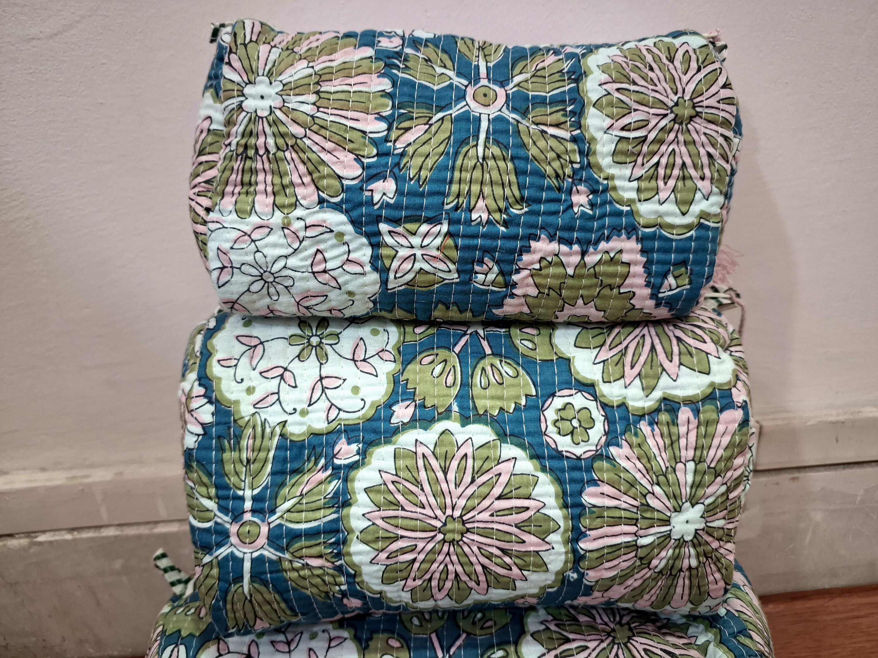 Blue - Floral Hand Block Print Quilted Toiletry Bags (Set of 3) 18