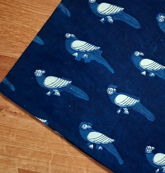 Indigo Blue Bird Print Fabric,By the Yard Block Print Fabric for Sewing,Upholstery Quilting,Curtains,Handmade Indian Fabric,Indigo Fabric