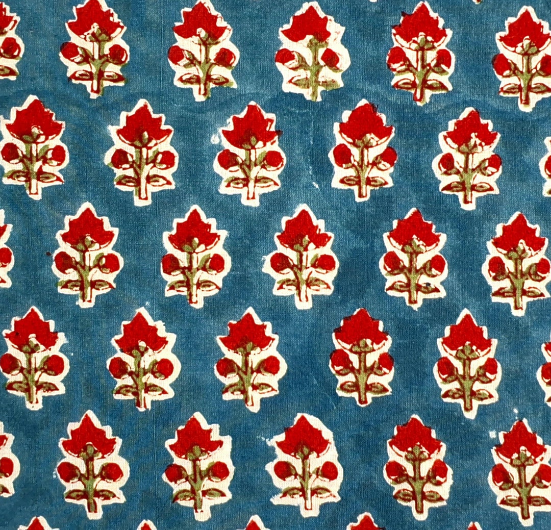 Blue Red Block Print Fabric,by the Yard Floral Fabric,dressmaking ...