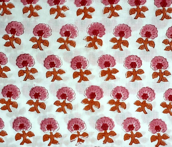 Weiß Rosa Block Print Stoff, Meterware Floral Indischer Stoff