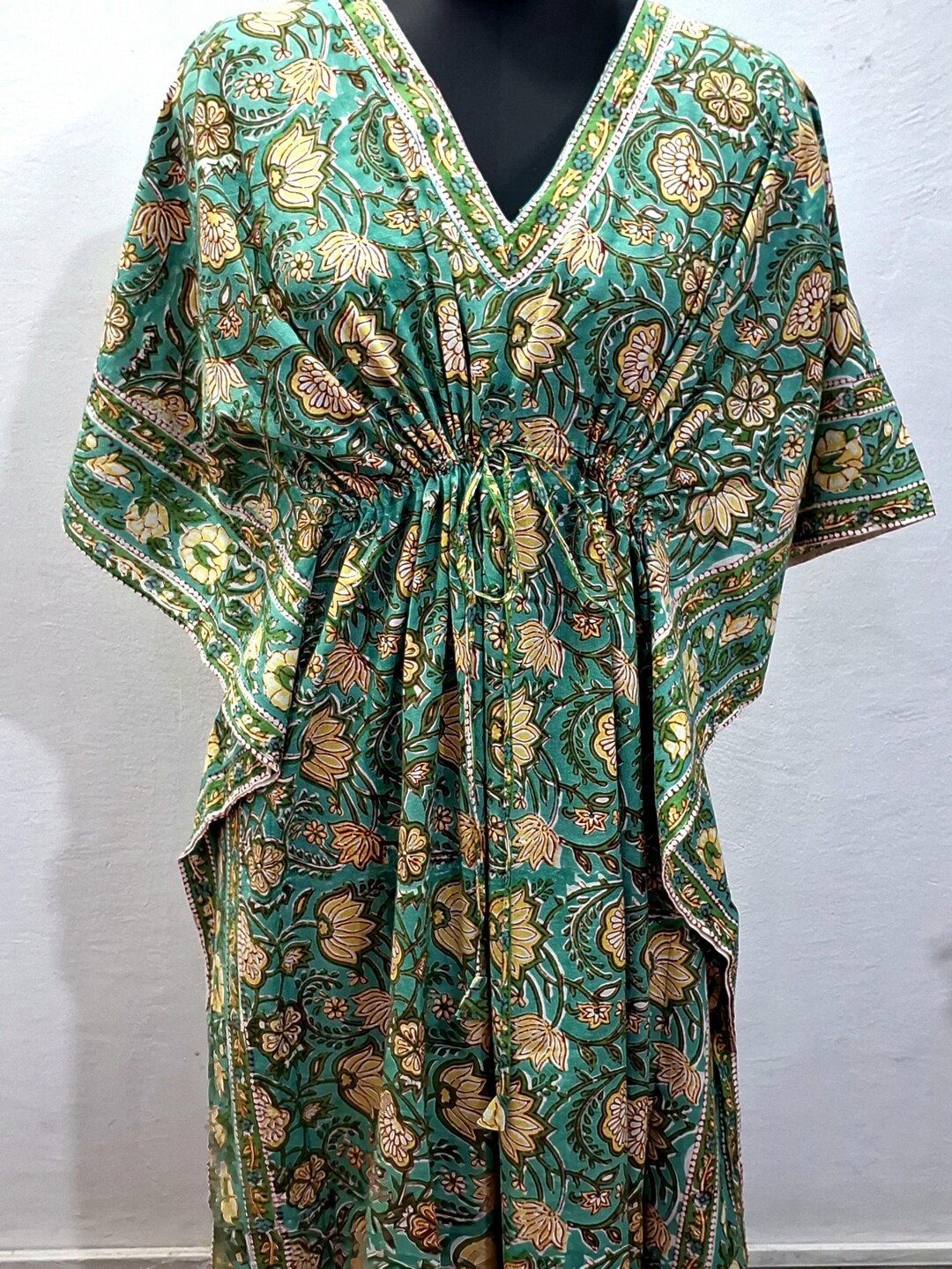YEZWE Green Floral Printed Maxi Jalabiya Kaftan - Median Silk Crepe | Pre-Booking