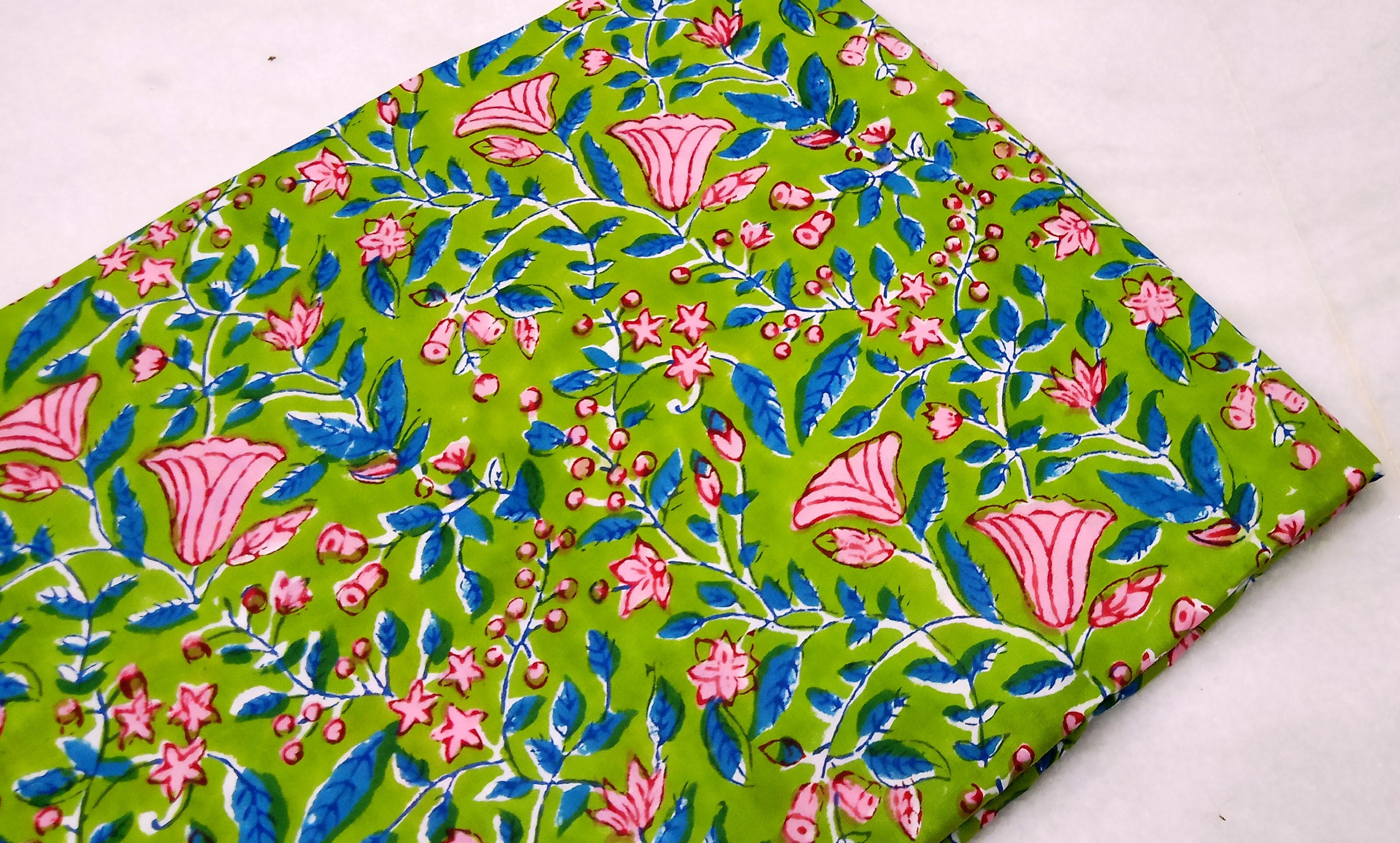 Green Blue Floral Flower Fabric Block print fabricIndia Etsy